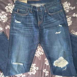 Mens A&F distressed dark blue jeans